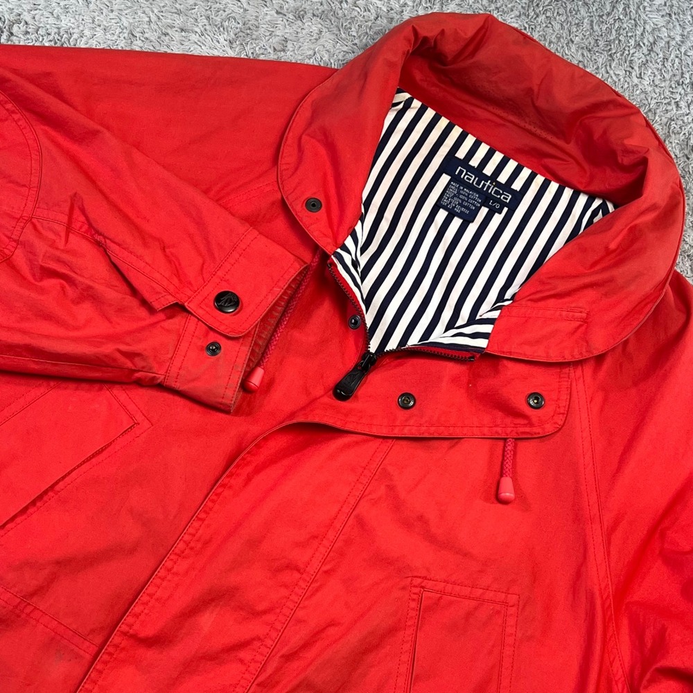 Vintage Nautica Harrington Red Full Zip Hooded Bomber Jacket L Striped Lining